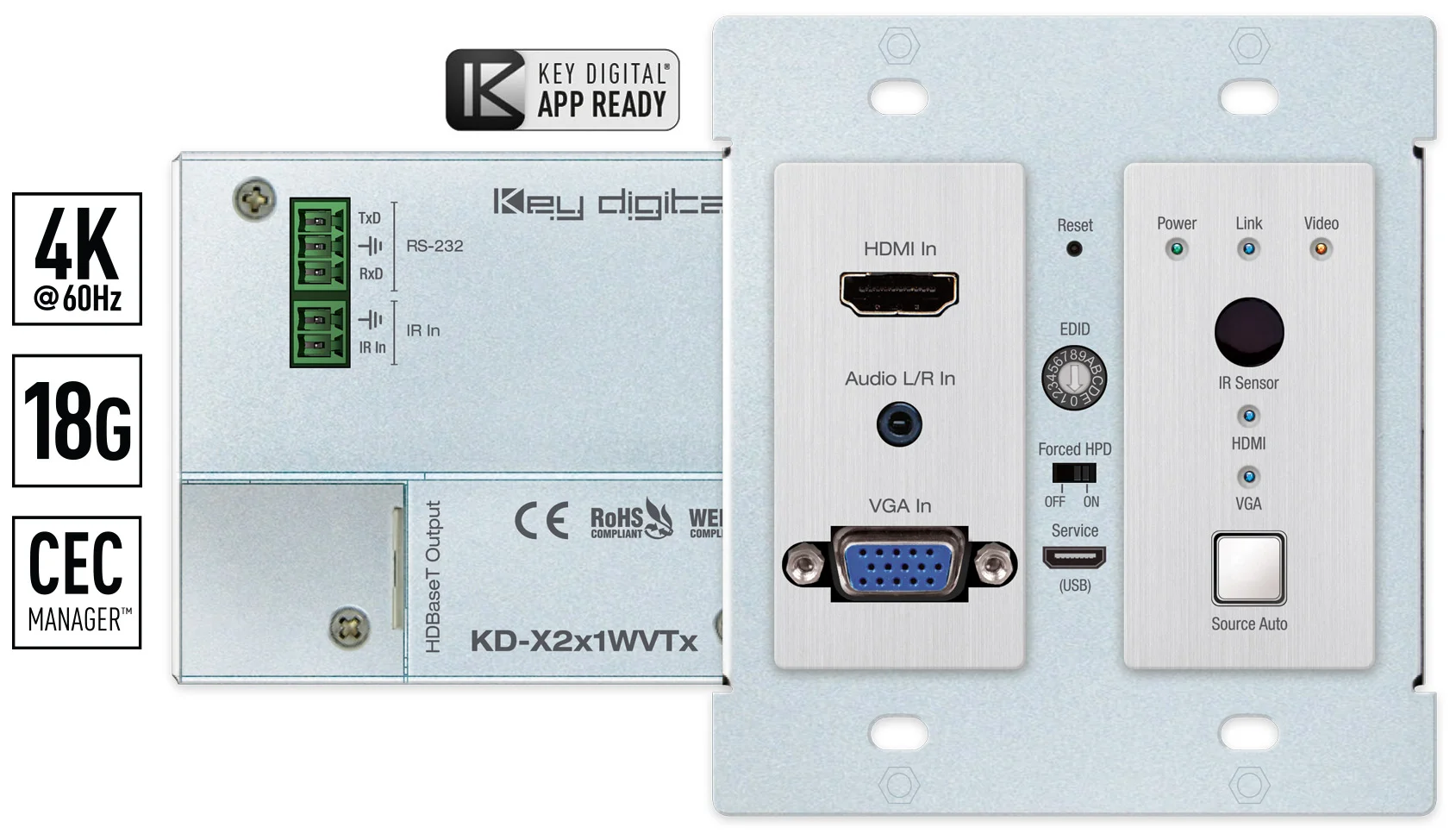 KD-X2x1WVTx, 2x1 4K/18G 40m HDBT PoH Wall Plate