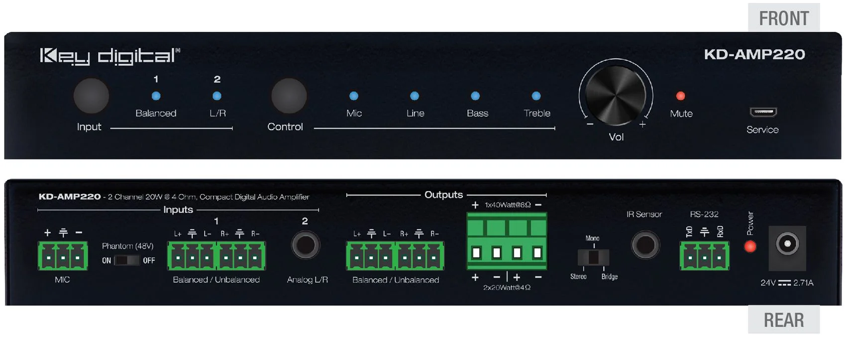 KD-AMP220, Integrert forsterker med 2 linjeinnganger og 1 MI