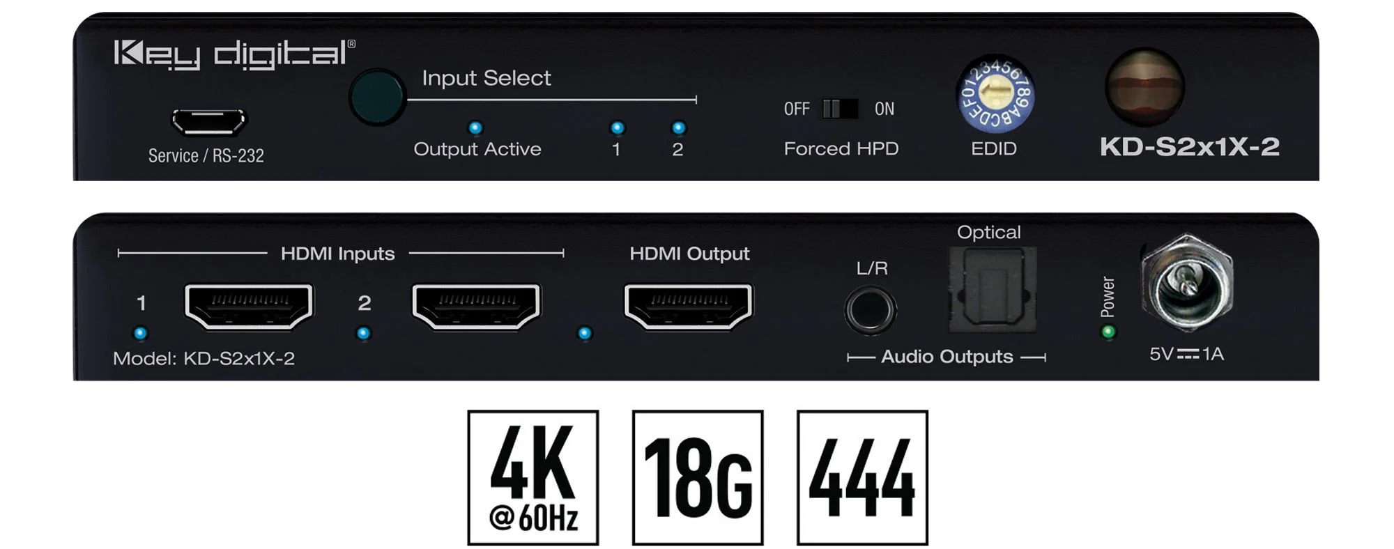 KD-S2x1X-2, 2x1 4K/18G HDMI Switcher with L/R & Optical