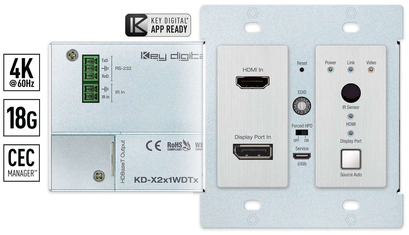 KD-X2x1WDTx, 2x1 4K/18G 40m HDBT PoH Wall Plate
