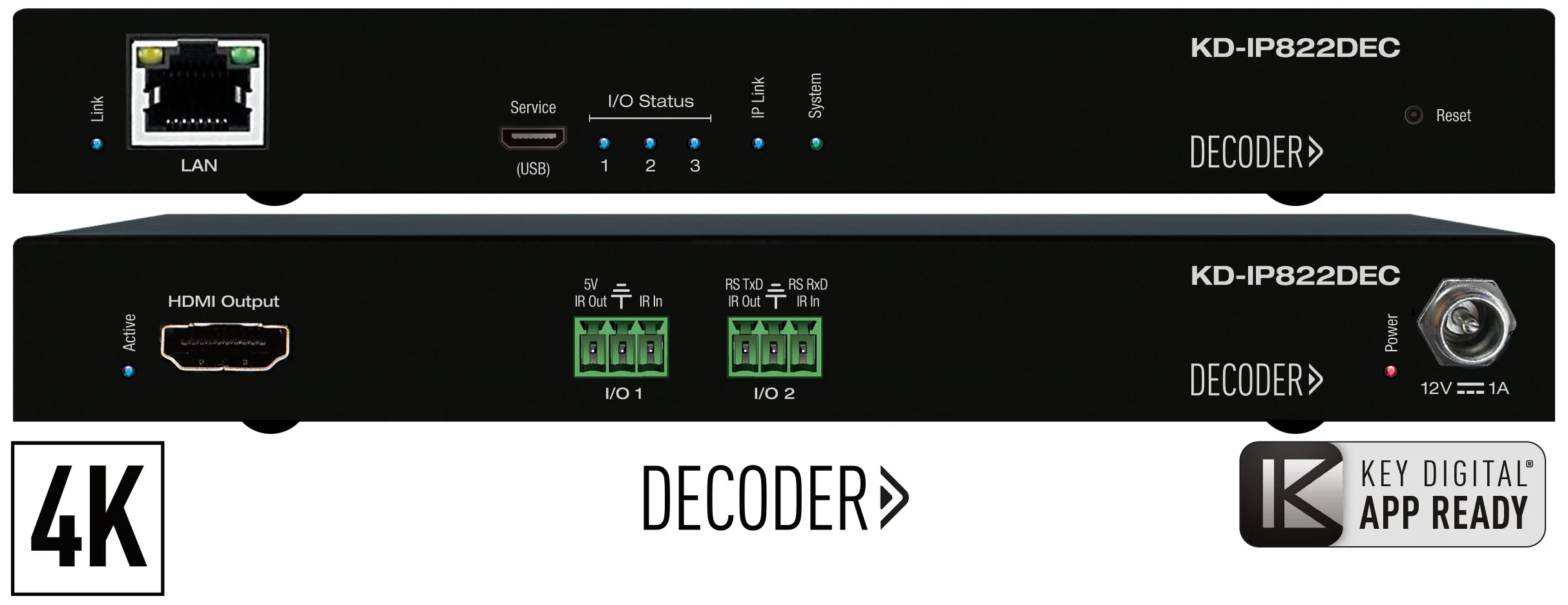 KD-IP822DEC, 4K Enterprise AV over IP Decoder, PoE, 2x IR/RS