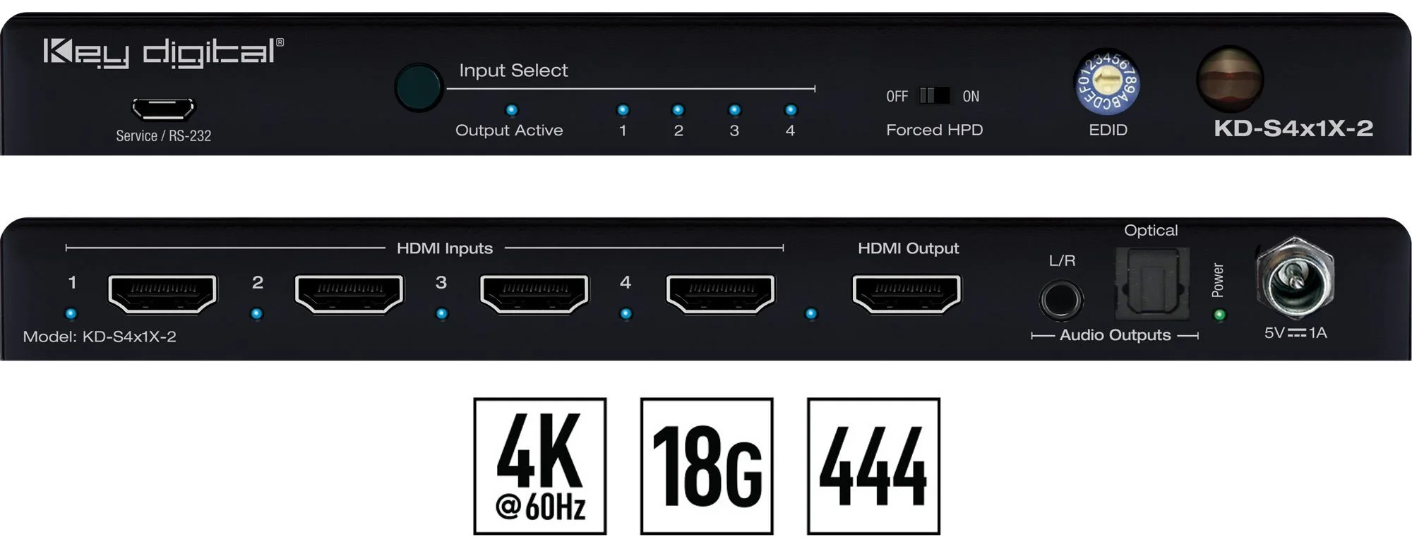 KD-S4x1X-2, 4x1 4K/18G HDMI Switcher with L/R & Optical
