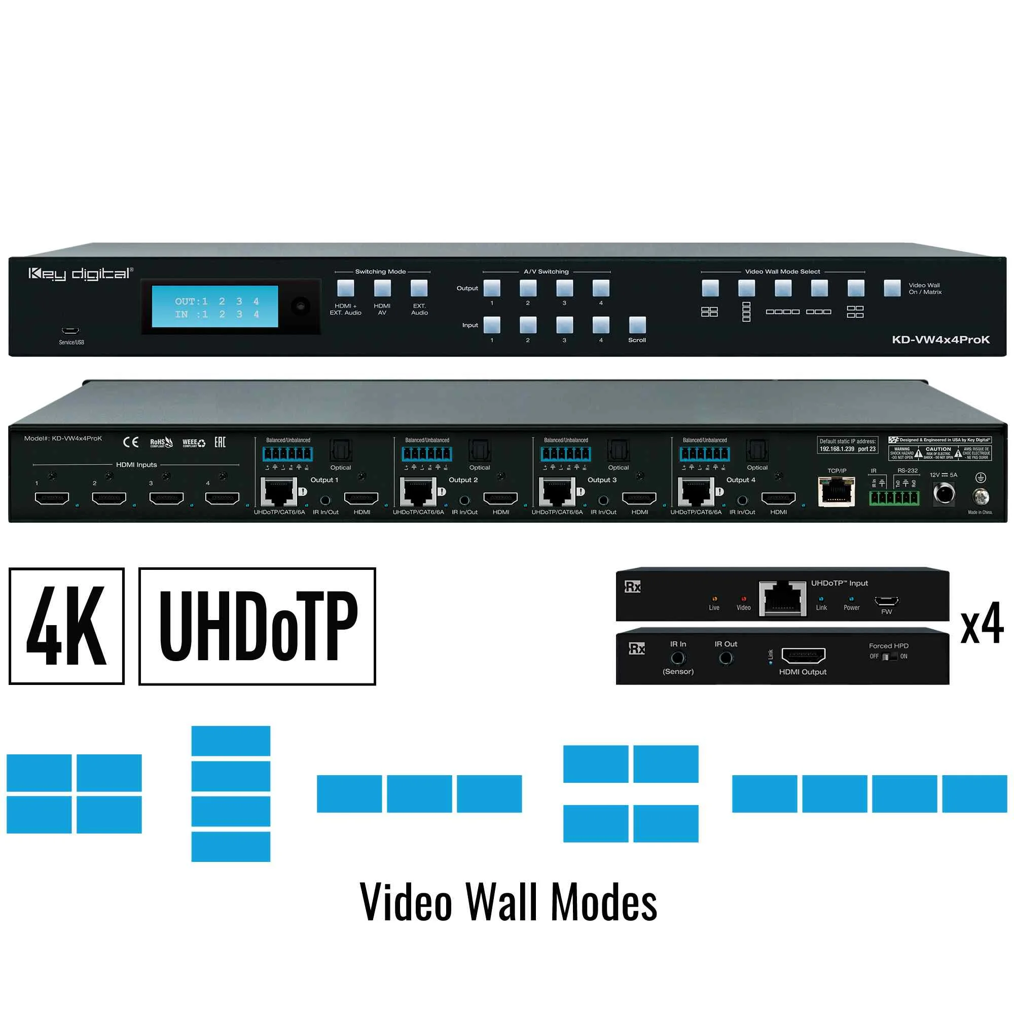 KD-VW4x4Pro4K, 4K Video Wall Matrix AV over IP Kit.